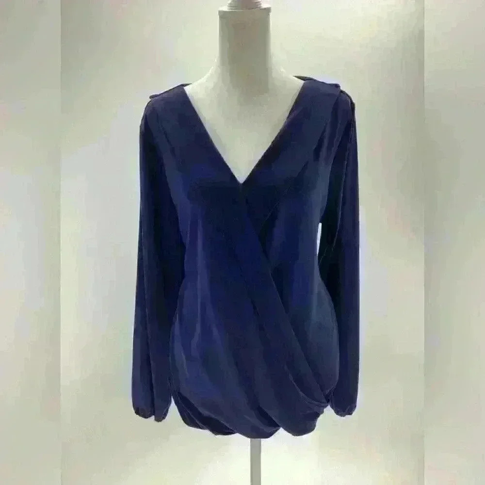 XL IMAN Women Top Blouse Blue V Neck Navy Blue A91 X Large